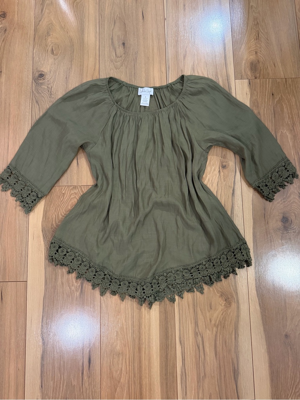 Linda Leal Olive Crochet-Trim Peasant Blouse